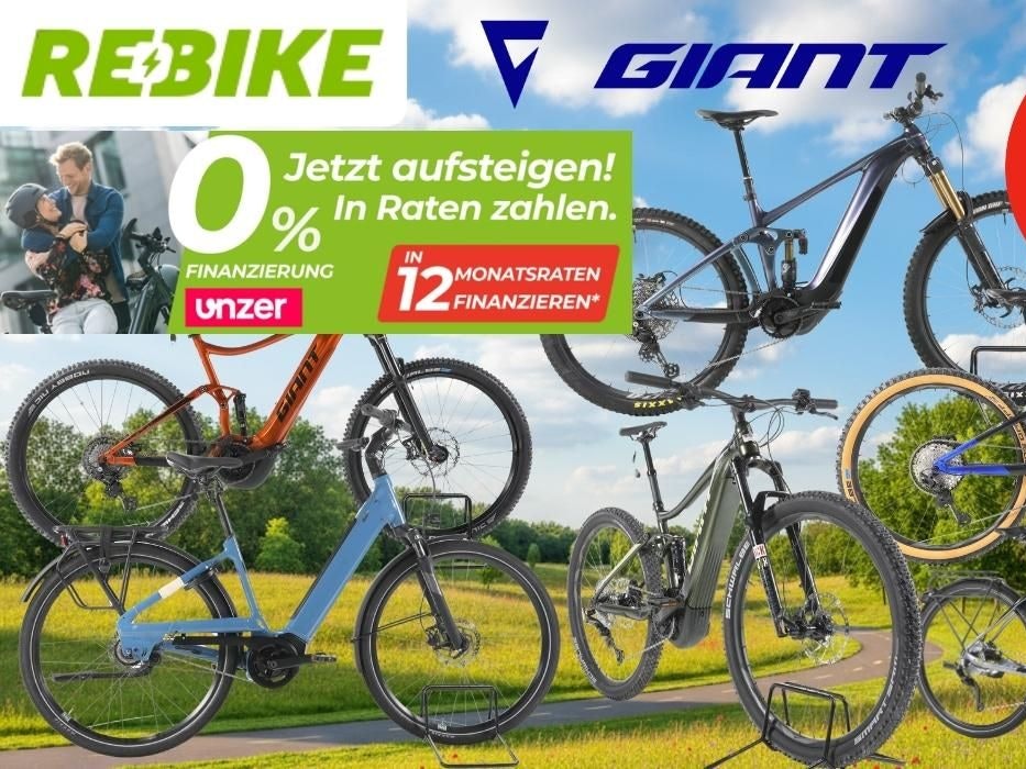 Giant E-Bikes verschiedener Kategorien – darunter E-MTBs, City- und Trekking-E-Bikes – vor einem sommerlichen Wald mit Landstraße-Hintergrund. Logos von Rebike und Giant.