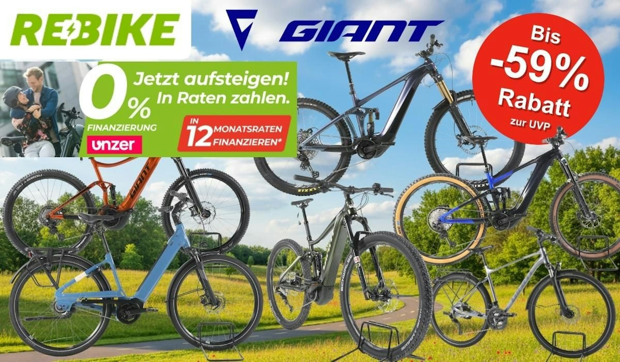 Giant E-Bikes verschiedener Kategorien – darunter E-MTBs, City- und Trekking-E-Bikes – vor einem sommerlichen Wald mit Landstraße-Hintergrund. Logos von Rebike und Giant.