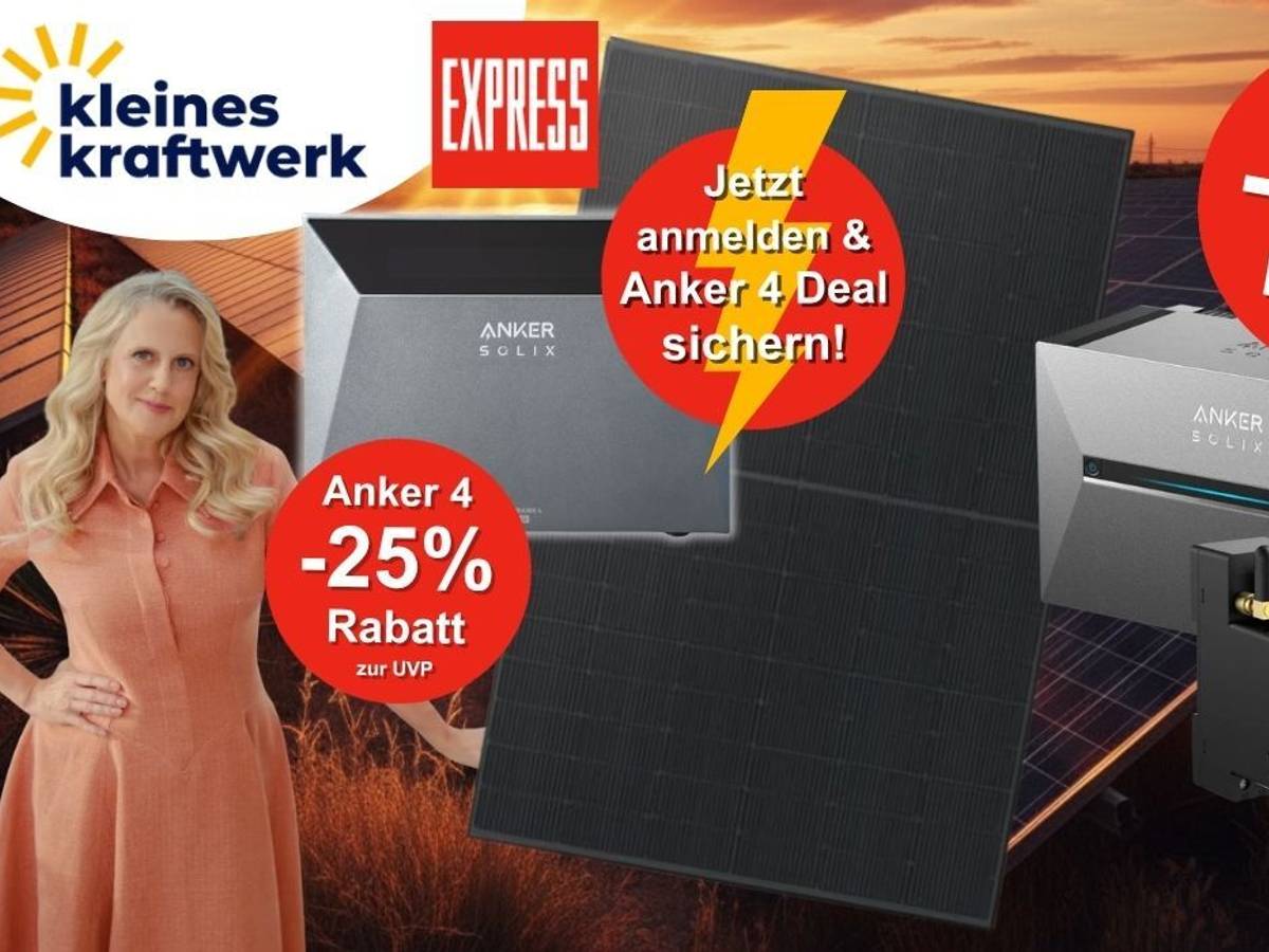 Barbara Schöneberger vor dramatischem Sonnenuntergang über Solarfeld, daneben Anker SOLIX Solarbank 4 Pro und Anker SOLIX Solarbank 3 Pro mit Solarmodul, Smart Meter und App-Ansicht auf dem Smartphone, Logos von Kleines Kraftwerk und EXPRESS, Hinweis auf Rabatte.
