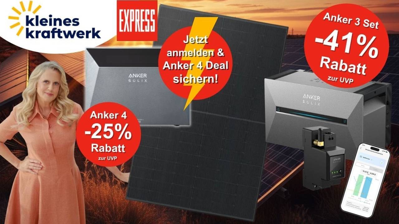 Barbara Schöneberger vor dramatischem Sonnenuntergang über Solarfeld, daneben Anker SOLIX Solarbank 4 Pro und Anker SOLIX Solarbank 3 Pro mit Solarmodul, Smart Meter und App-Ansicht auf dem Smartphone, Logos von Kleines Kraftwerk und EXPRESS, Hinweis auf Rabatte.