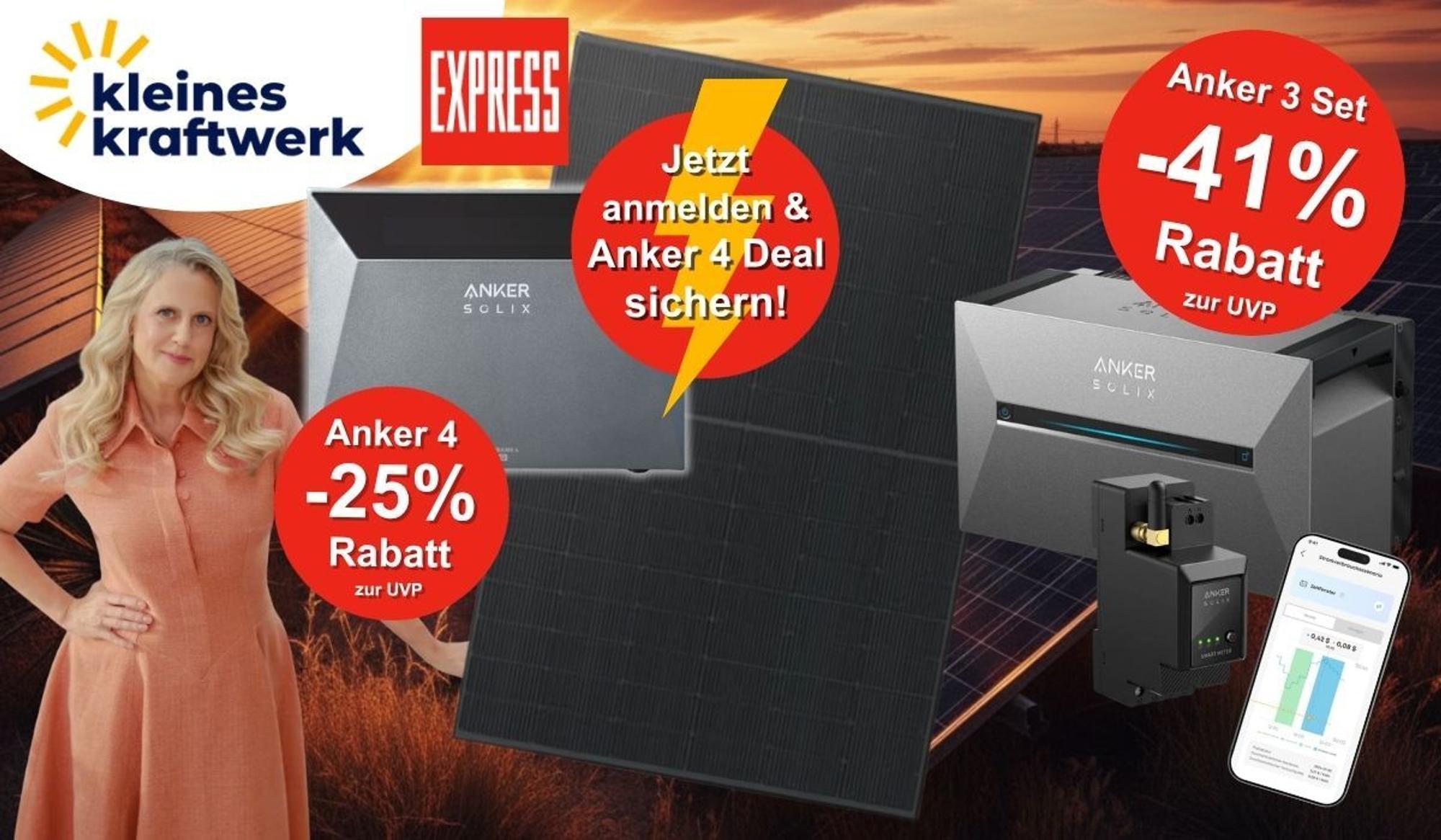 Barbara Schöneberger vor dramatischem Sonnenuntergang über Solarfeld, daneben Anker SOLIX Solarbank 4 Pro und Anker SOLIX Solarbank 3 Pro mit Solarmodul, Smart Meter und App-Ansicht auf dem Smartphone, Logos von Kleines Kraftwerk und EXPRESS, Hinweis auf Rabatte.