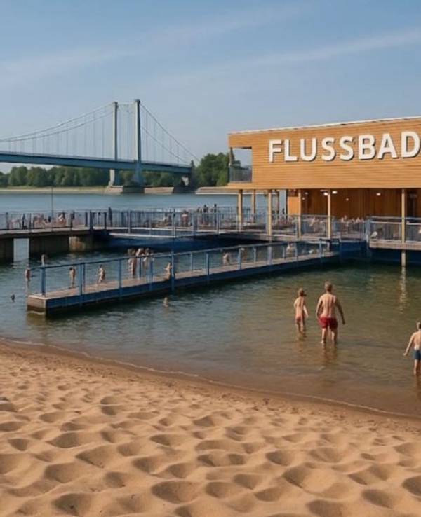 Der Eingangsbereich zu einem möglichen Flussbad in Rodenkirchen. Montage mit künstlicher Intelligenz (ChatGBT).