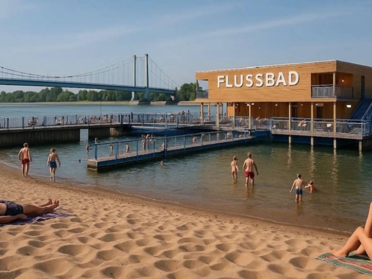 Der Eingangsbereich zu einem möglichen Flussbad in Rodenkirchen. Montage mit künstlicher Intelligenz (ChatGBT).