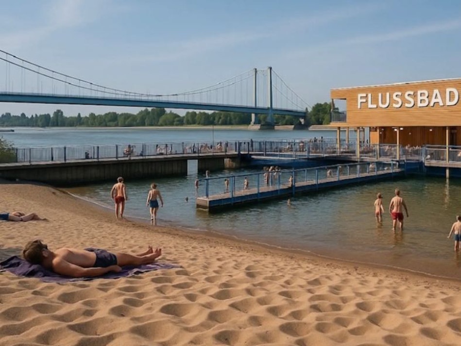 Der Eingangsbereich zu einem möglichen Flussbad in Rodenkirchen. Montage mit künstlicher Intelligenz (ChatGBT).