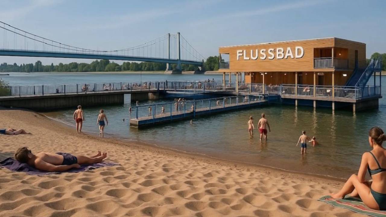 Der Eingangsbereich zu einem möglichen Flussbad in Rodenkirchen. Montage mit künstlicher Intelligenz (ChatGBT).
