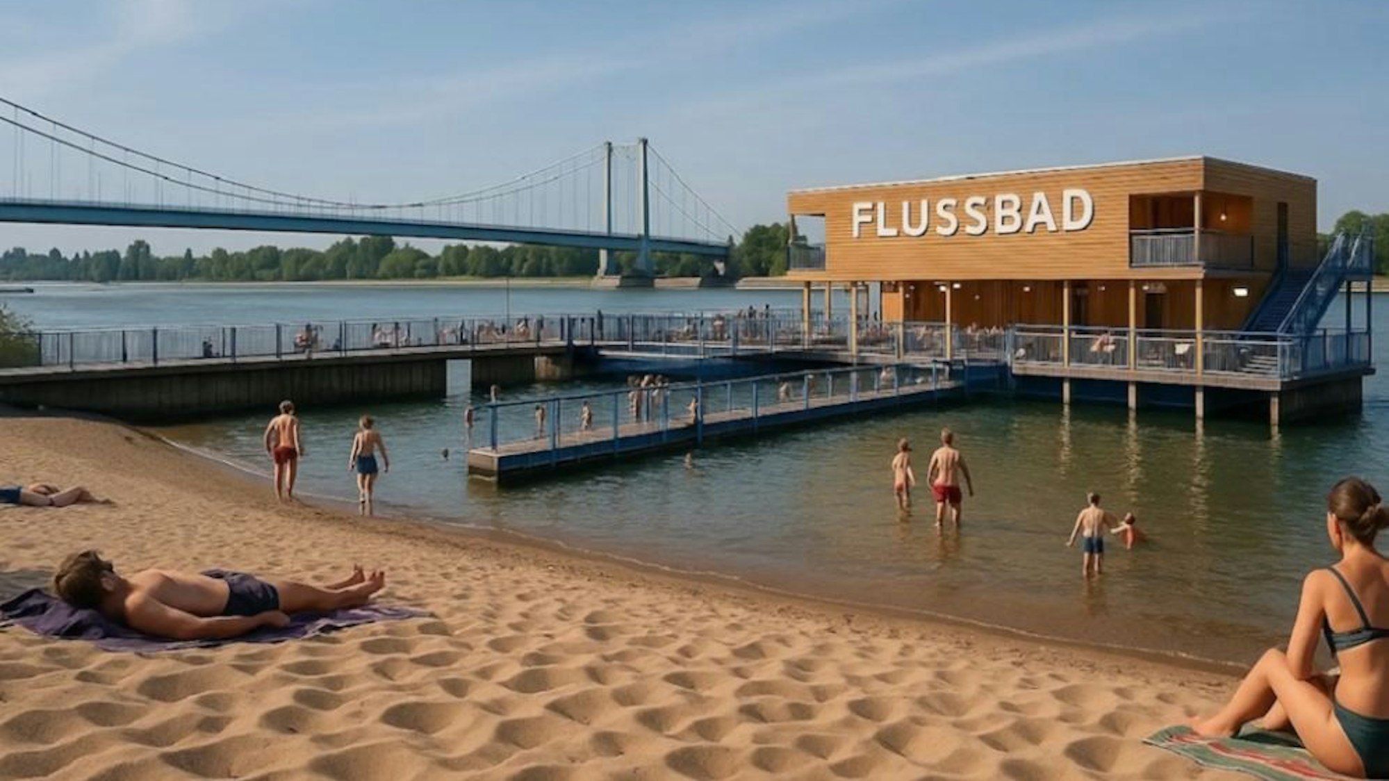 Der Eingangsbereich zu einem möglichen Flussbad in Rodenkirchen. Montage mit künstlicher Intelligenz (ChatGBT).
