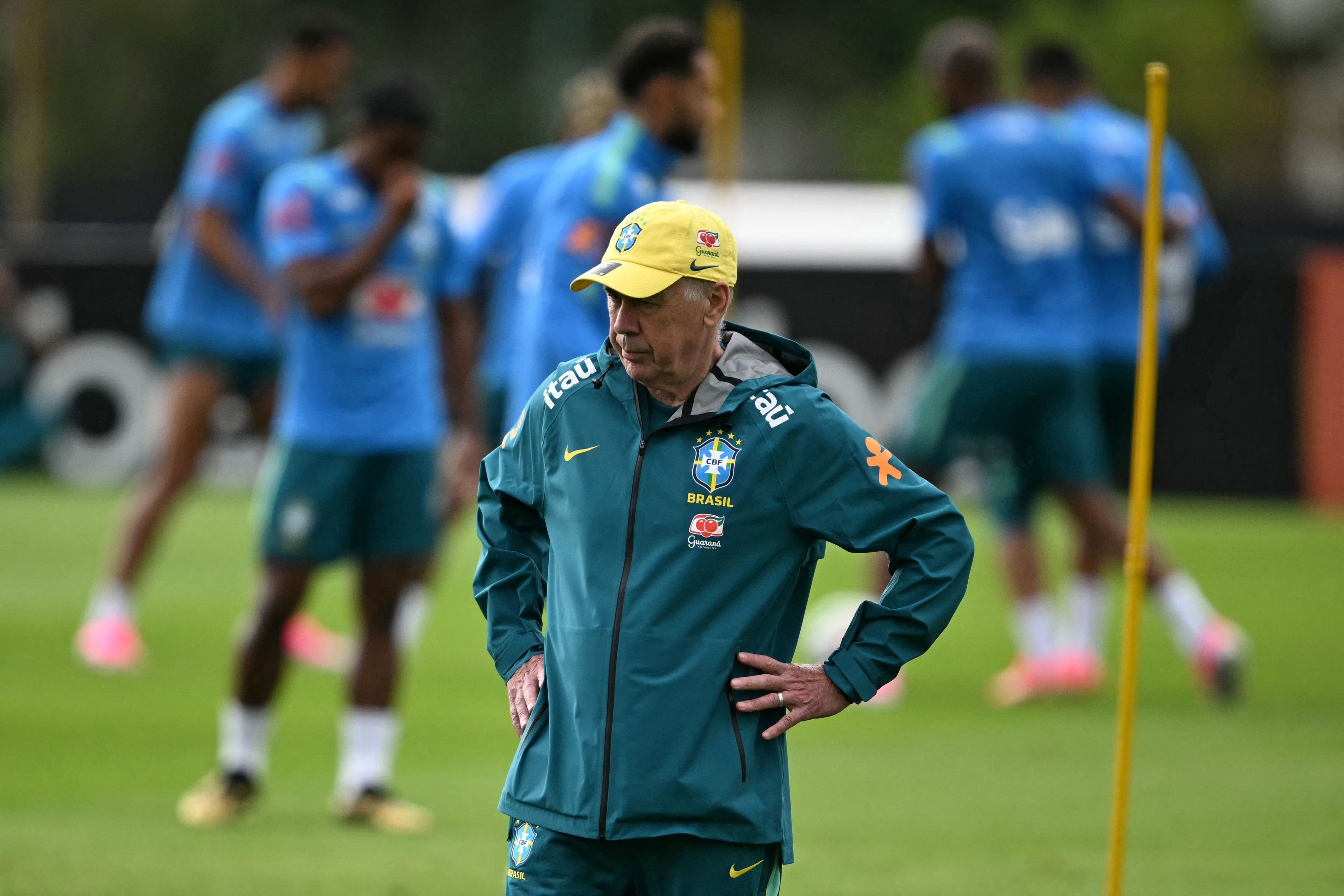 Nationaltrainer Carlo Ancelotti mit Spielern auf dem Rasen.
