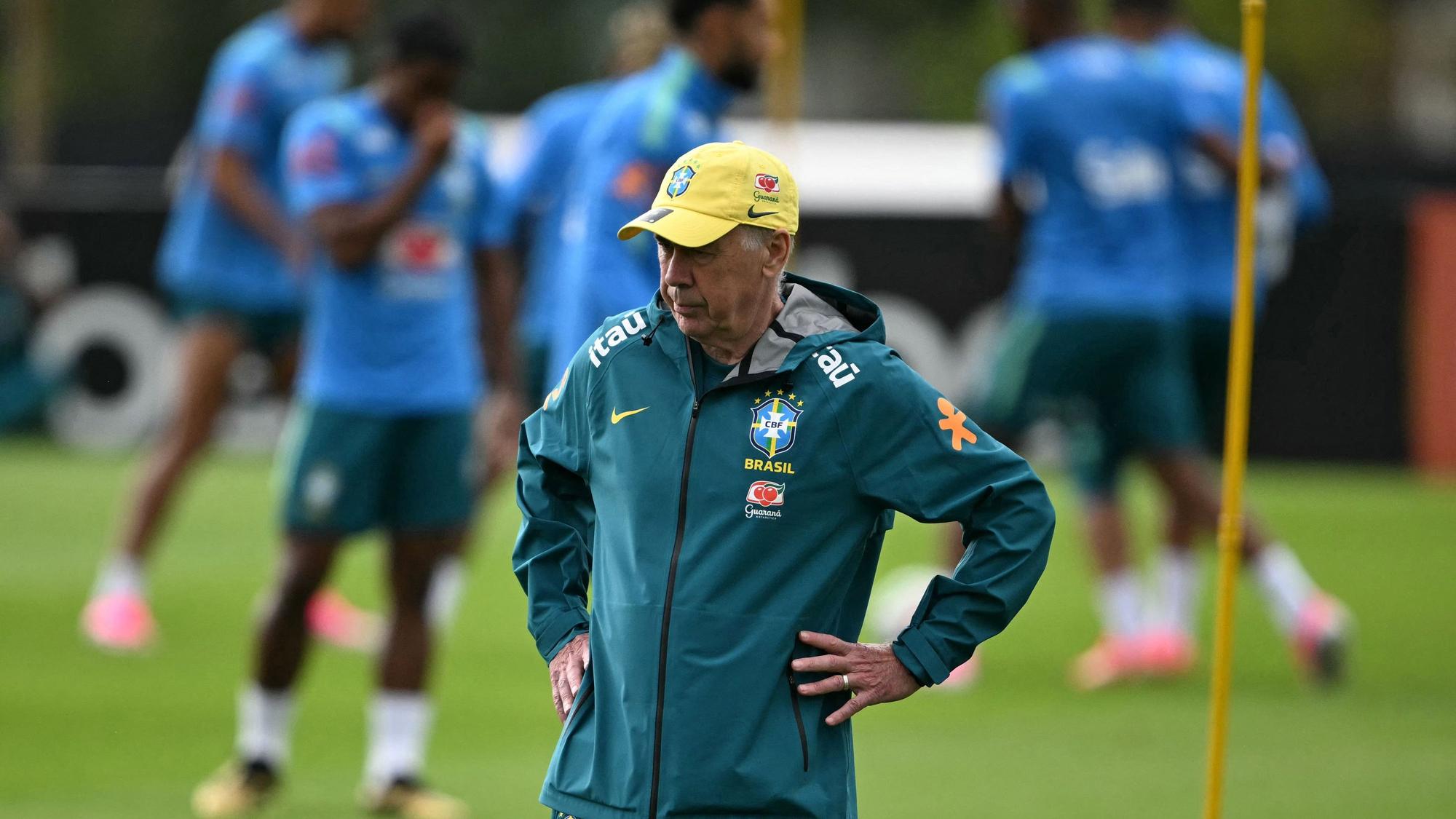 Nationaltrainer Carlo Ancelotti mit Spielern auf dem Rasen.