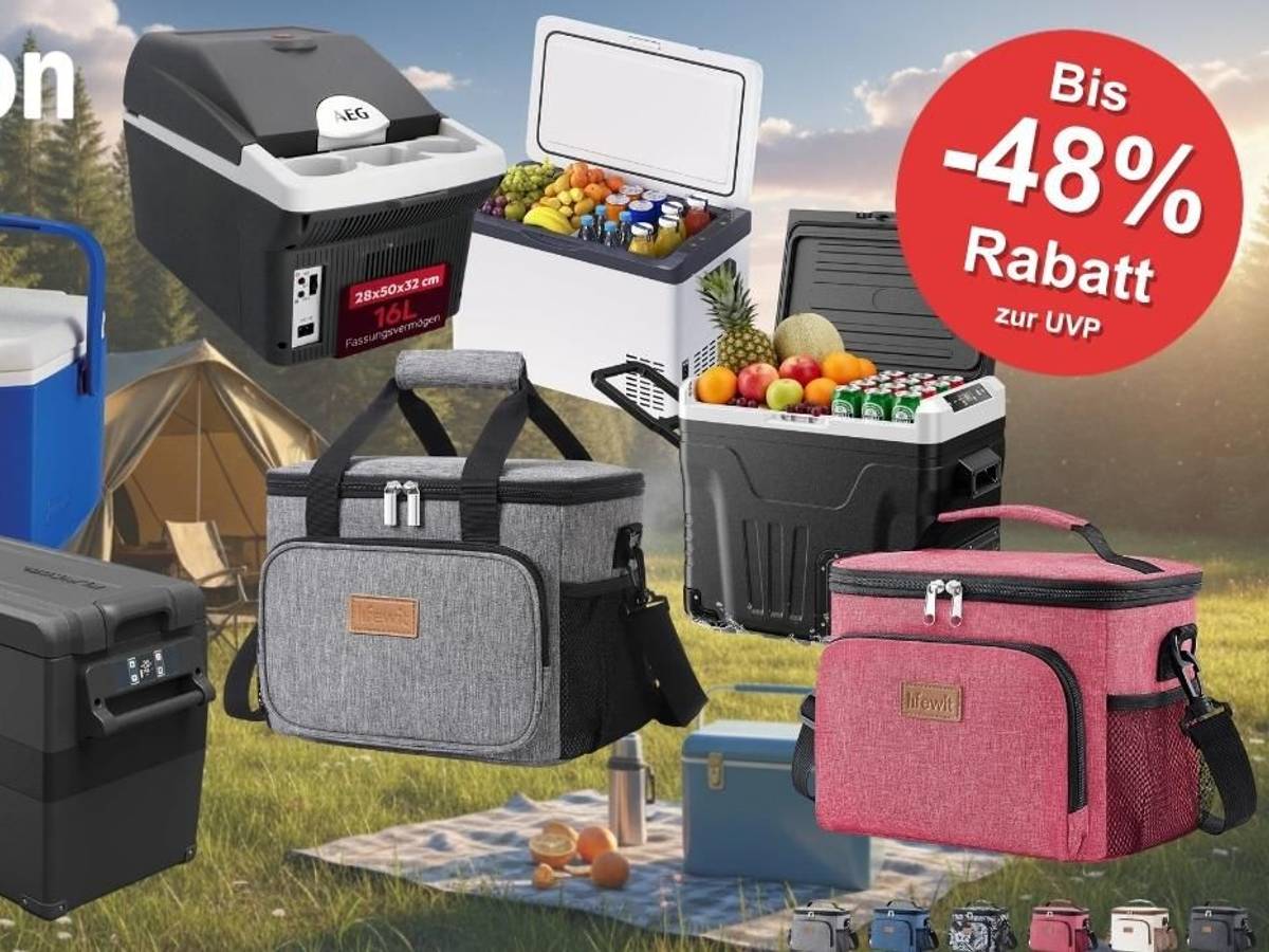 Camping-Kühlboxen und Kühltaschen im Amazon Sale – darunter eine blaue Coleman-Kühlbox, eine schwarze Kompressor-Kühlbox, eine thermoelektrische AEG-Kühlbox sowie graue und rosafarbene Kühltaschen von Lifewit – vor sommerlicher Outdoor-Kulisse mit Zelt und Wiese.