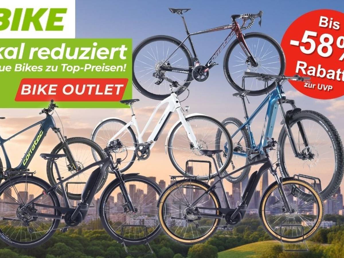 E-Bikes und Fahrräder verschiedener Marken – darunter E-Mountainbike, Trekking-E-Bike, City-Bikes vor einem abendlichen Himmel über einer Stadtsilhouette mit Waldrand.