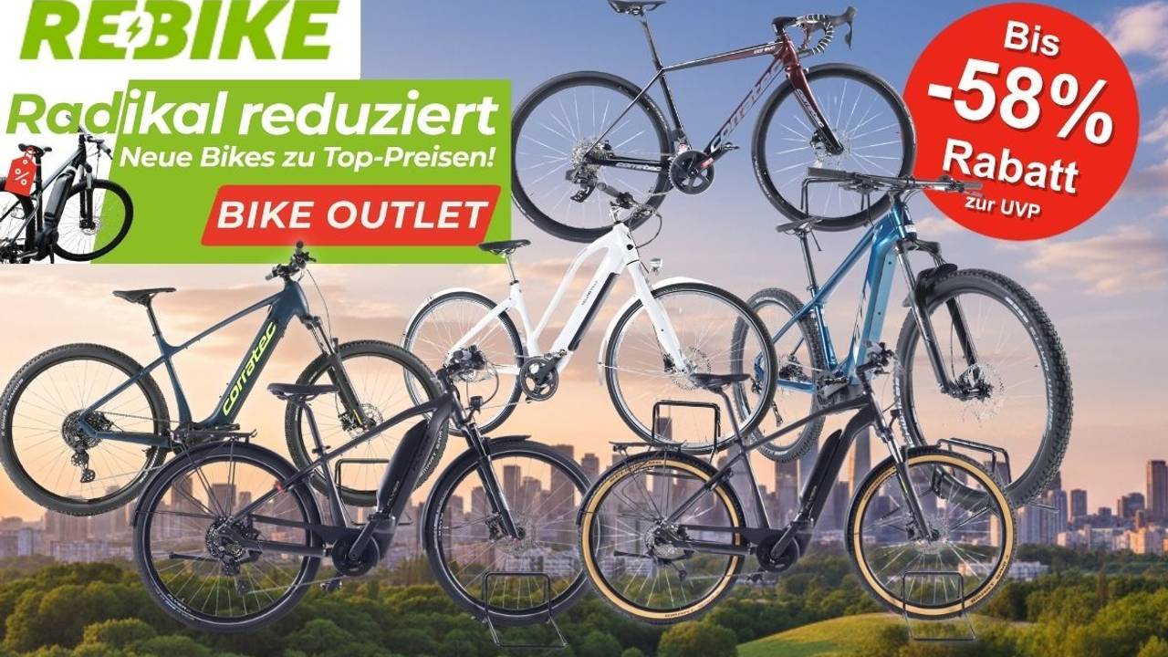 E-Bikes und Fahrräder verschiedener Marken – darunter E-Mountainbike, Trekking-E-Bike, City-Bikes vor einem abendlichen Himmel über einer Stadtsilhouette mit Waldrand.