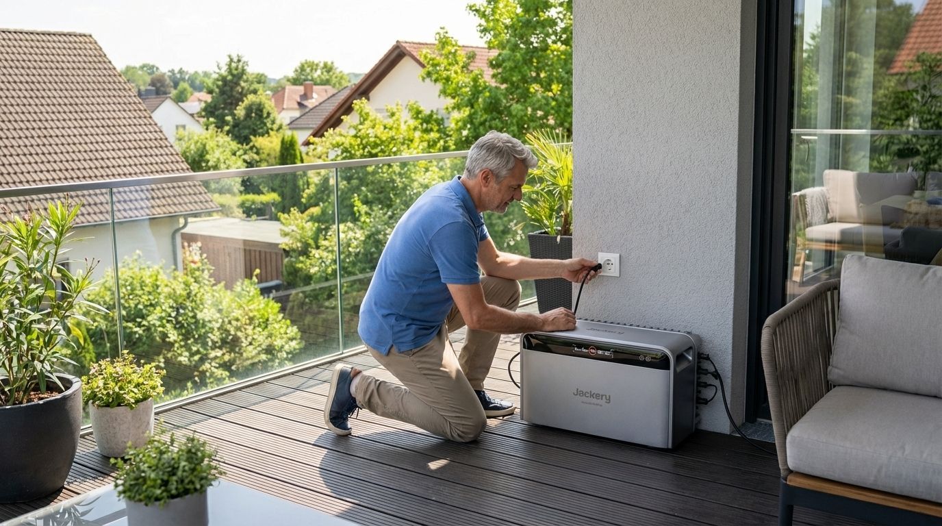 Ein Mann schließt einen Jackery SolarVault 3 Pro MAX Speicher an einer Steckdose auf dem Balkon an.