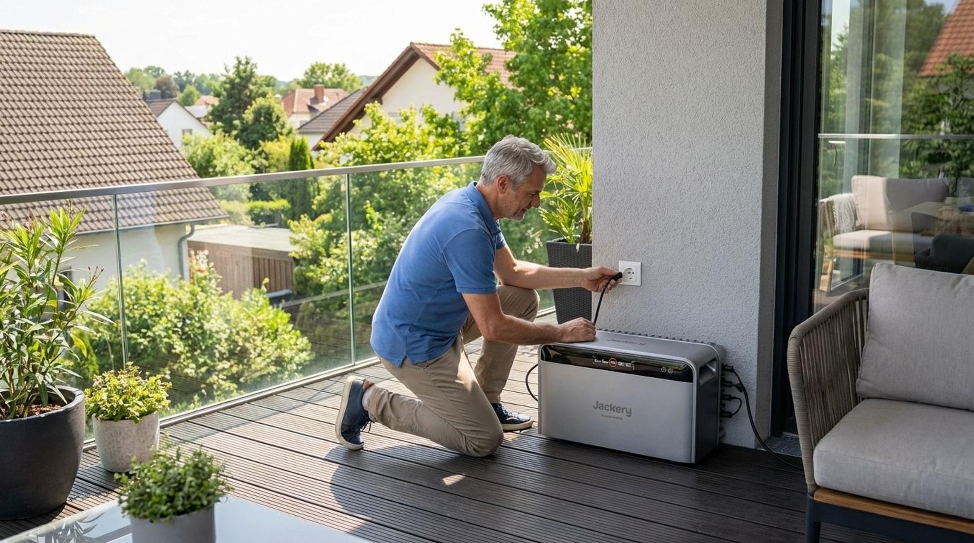 Ein Mann schließt einen Jackery SolarVault 3 Pro MAX Speicher an einer Steckdose auf dem Balkon an.