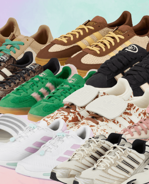Adidas Sneaker vor einem bunten Hintergrund.