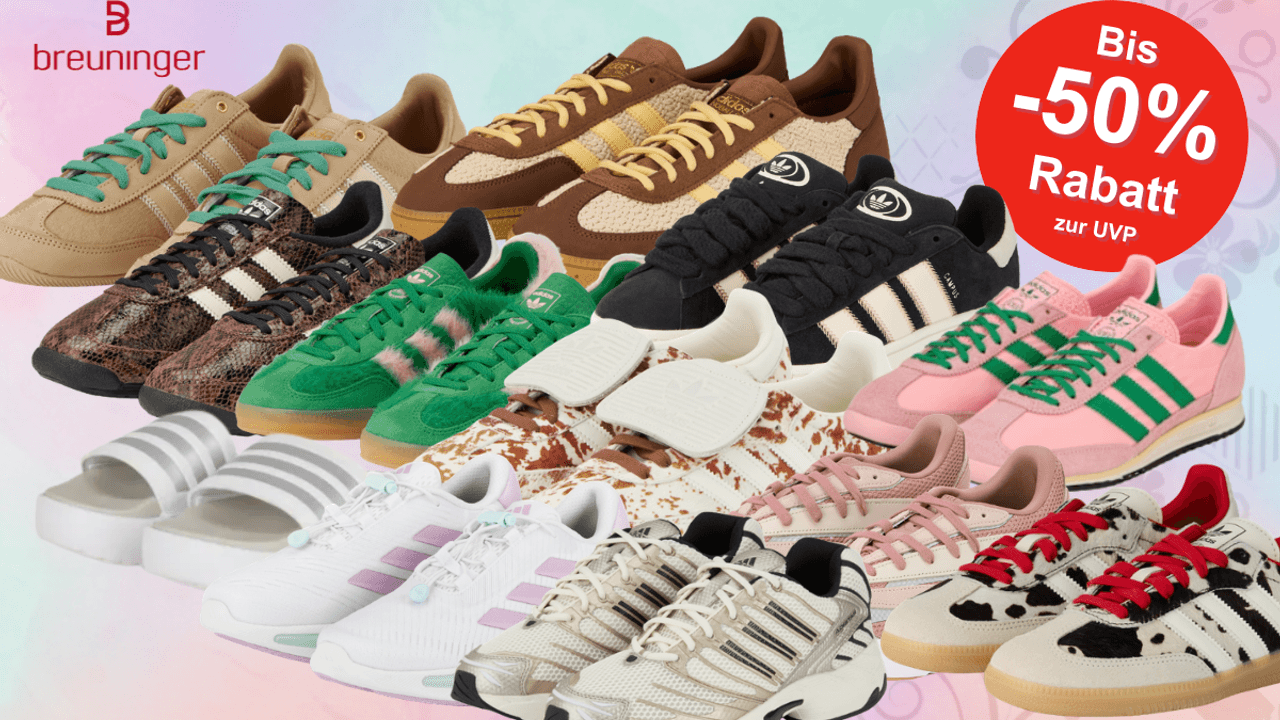 Adidas Sneaker vor einem bunten Hintergrund.