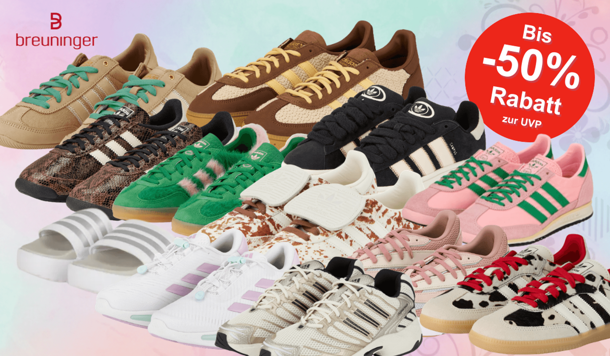Adidas Sneaker vor einem bunten Hintergrund.
