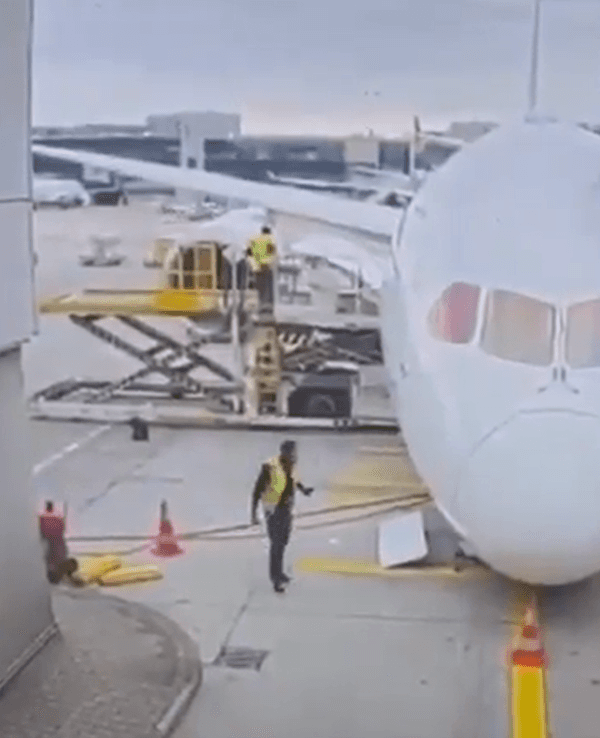 Die Lufthansa-Maschine liegt vor dem Gate am Frankfurter Flughafen. Das Vorderfahrwerk ist eingeknickt.