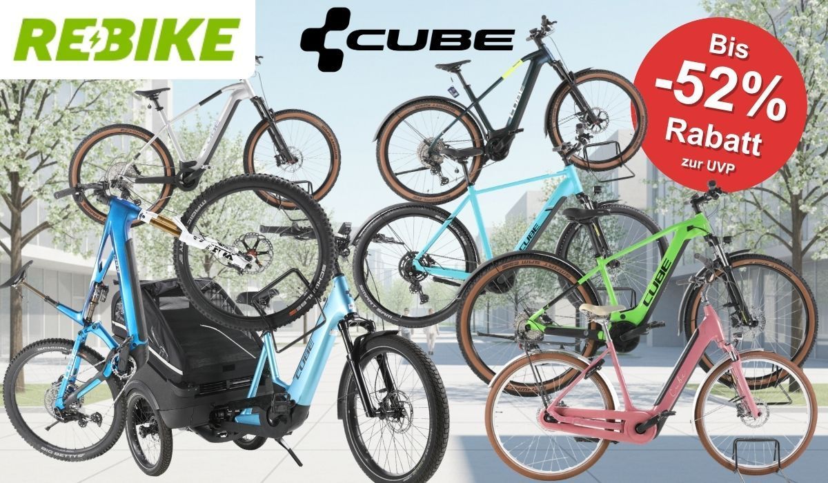 Cube E-Bikes, City Bikes, Mountainbikes, Lastenrad vor einer Landstraße mit Bäumen.