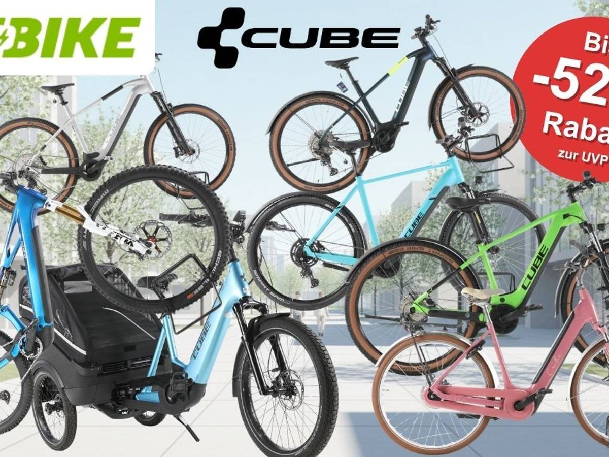 Cube E-Bikes, City Bikes, Mountainbikes, Lastenrad vor einer Landstraße mit Bäumen.
