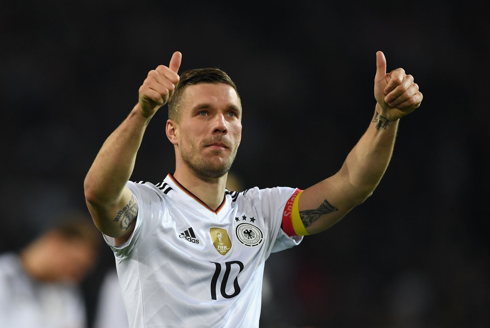 Lukas Podolski im März 2017 bei seinem letzten Länderspiel für Deutschland. Insgesamt ist der schussstarke Angreifer 130 Mal für Deutschland aufgelaufen. (Bild: 2017 Getty Images/Shaun Botterill)
