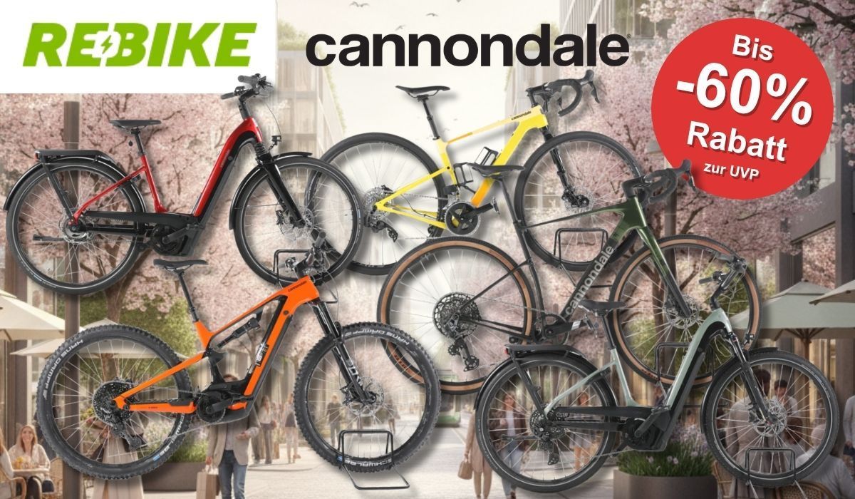 Collage von fünf Cannondale E-Bikes und Fahrrädern in verschiedenen Farben (Rot-Schwarz, Gelb-Weiß, Orange, Dunkelgrün, Hellgrün-Grau) vor einem frühlingshaften Stadtpanorama mit Kirschblüten. Links oben das grüne Rebike-Logo und das schwarze Cannondale-Logo. Rechts oben roter Button mit der Aufschrift „Bis -60 % Rabatt zur UVP".
