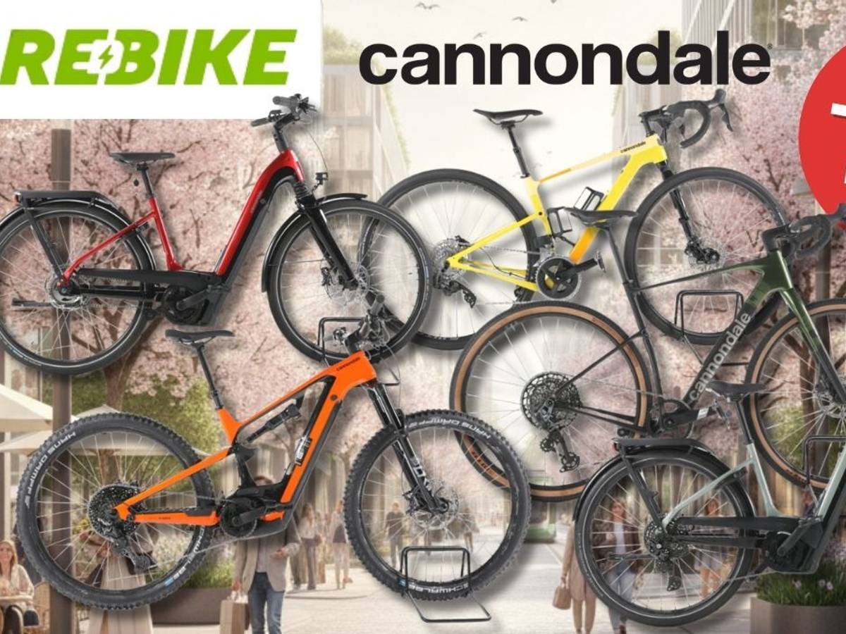 Collage von fünf Cannondale E-Bikes und Fahrrädern in verschiedenen Farben (Rot-Schwarz, Gelb-Weiß, Orange, Dunkelgrün, Hellgrün-Grau) vor einem frühlingshaften Stadtpanorama mit Kirschblüten. Links oben das grüne Rebike-Logo und das schwarze Cannondale-Logo. Rechts oben roter Button mit der Aufschrift „Bis -60 % Rabatt zur UVP".
