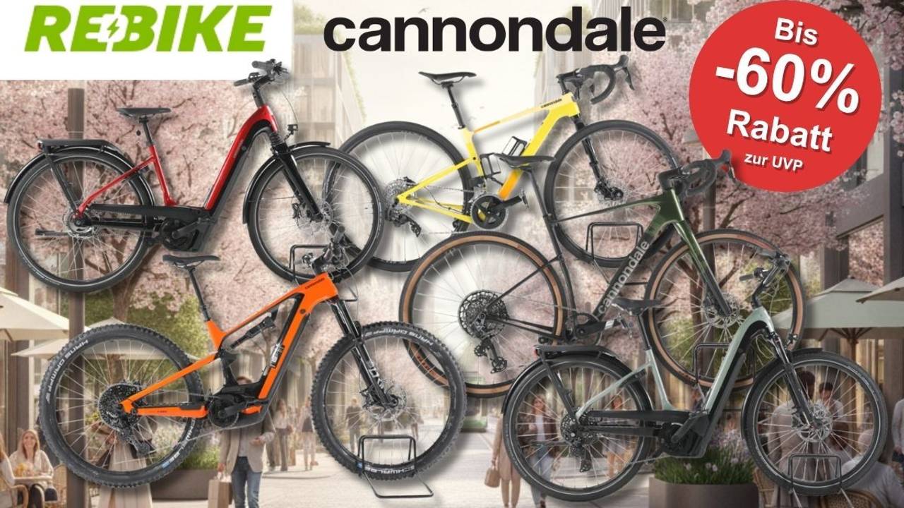 Collage von fünf Cannondale E-Bikes und Fahrrädern in verschiedenen Farben (Rot-Schwarz, Gelb-Weiß, Orange, Dunkelgrün, Hellgrün-Grau) vor einem frühlingshaften Stadtpanorama mit Kirschblüten. Links oben das grüne Rebike-Logo und das schwarze Cannondale-Logo. Rechts oben roter Button mit der Aufschrift „Bis -60 % Rabatt zur UVP".