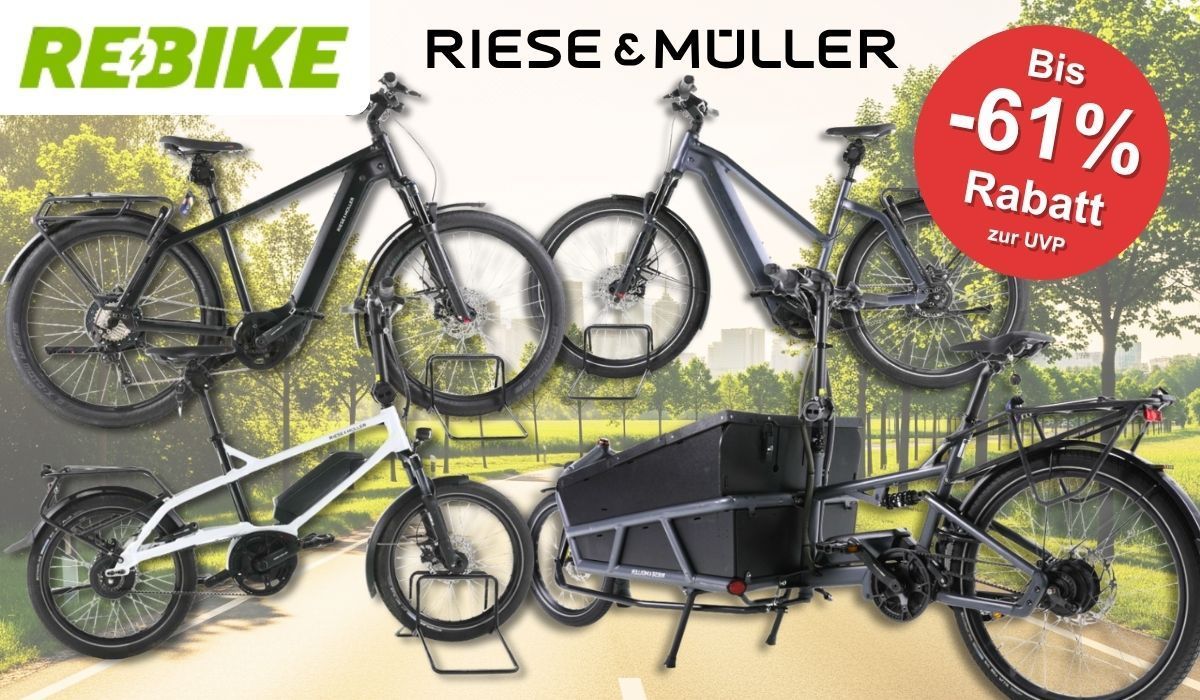 Riese & Müller E-Bike Modelle wie City-Bike und Lastenrad vor einer sonnigen Landstraße im Grünen.