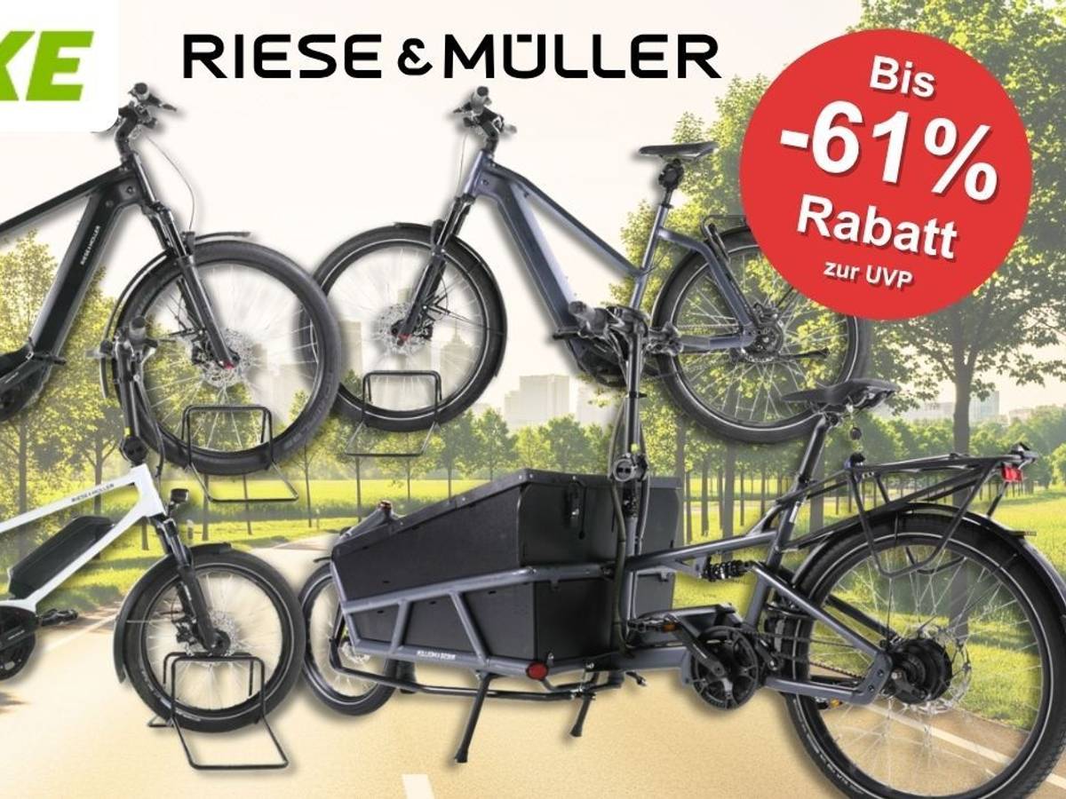 Riese & Müller E-Bike Modelle wie City-Bike und Lastenrad vor einer sonnigen Landstraße im Grünen.