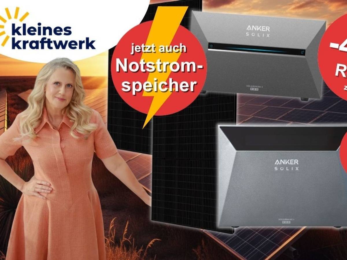 Kleines Kraftwerk Bild mit zwei Anker Solix Stromspeichern (Solarbank 3 Pro oben, Solarbank 4 Pro unten) vor einem dramatischen Sonnenuntergangs-Hintergrund mit Solarfeldern. Links steht Moderatorin Barbara Schöneberger in einem lachsfarbenen Kleid. In der Mitte ein roter Button mit dem Hinweis „Jetzt auch Notstromspeicher". Rechts oben roter Button „Bis -40 % Rabatt zur UVP", rechts unten roter Button „Zum Start -25 % Rabatt zur UVP". Links oben das Kleines-Kraftwerk-Logo.