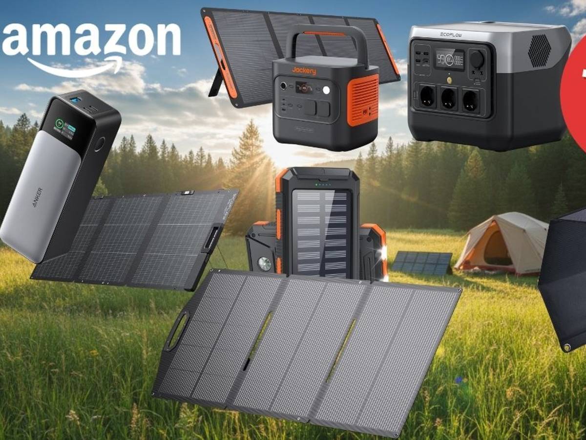 Collage verschiedener Camping-Stromversorgungsgeräte vor sommerlicher Waldlichtung mit Zelt: Powerstation von Jackery (orange-schwarz) mit Solarpanel, EcoFlow-Powerstation mit mehreren Steckdosen, schwarze Anker-Powerbank, große faltbare Solarpanele sowie eine Solar-Powerbank mit integriertem Panel. Roter Sale-Button mit der Aufschrift „Bis -50 % Rabatt zur UVP", Amazon-Logo oben links.