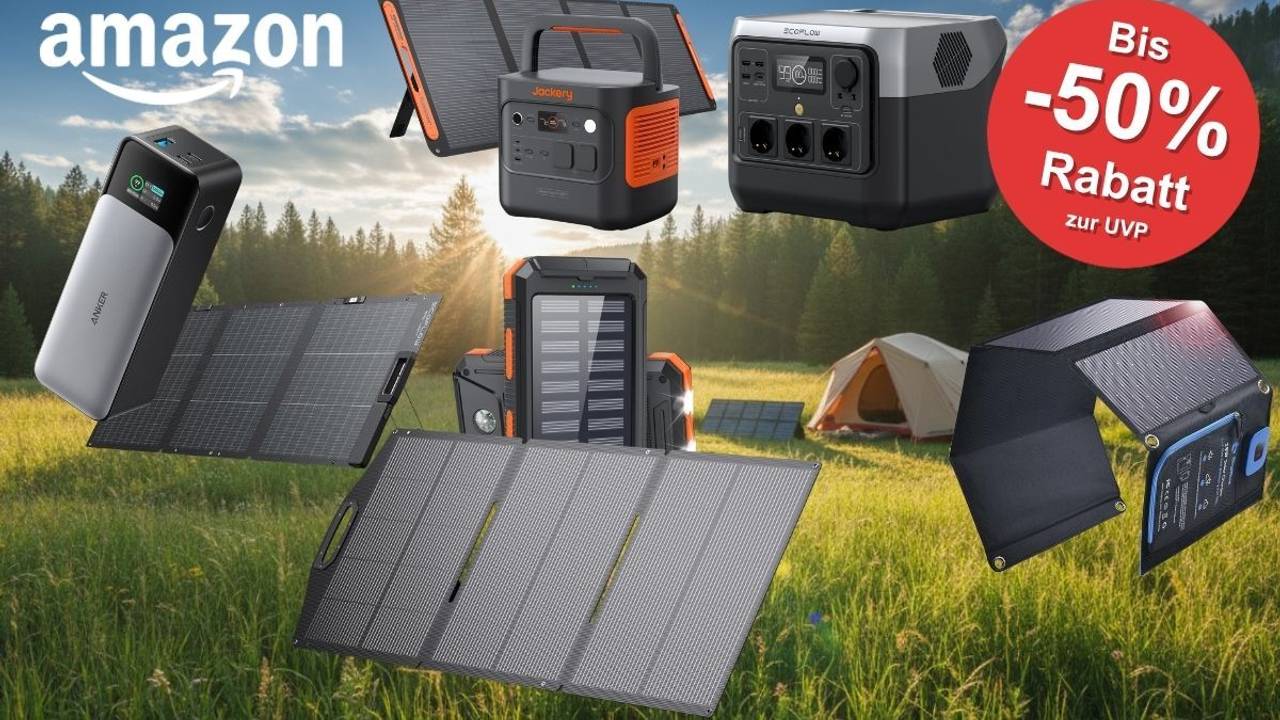 Collage verschiedener Camping-Stromversorgungsgeräte vor sommerlicher Waldlichtung mit Zelt: Powerstation von Jackery (orange-schwarz) mit Solarpanel, EcoFlow-Powerstation mit mehreren Steckdosen, schwarze Anker-Powerbank, große faltbare Solarpanele sowie eine Solar-Powerbank mit integriertem Panel. Roter Sale-Button mit der Aufschrift „Bis -50 % Rabatt zur UVP", Amazon-Logo oben links.