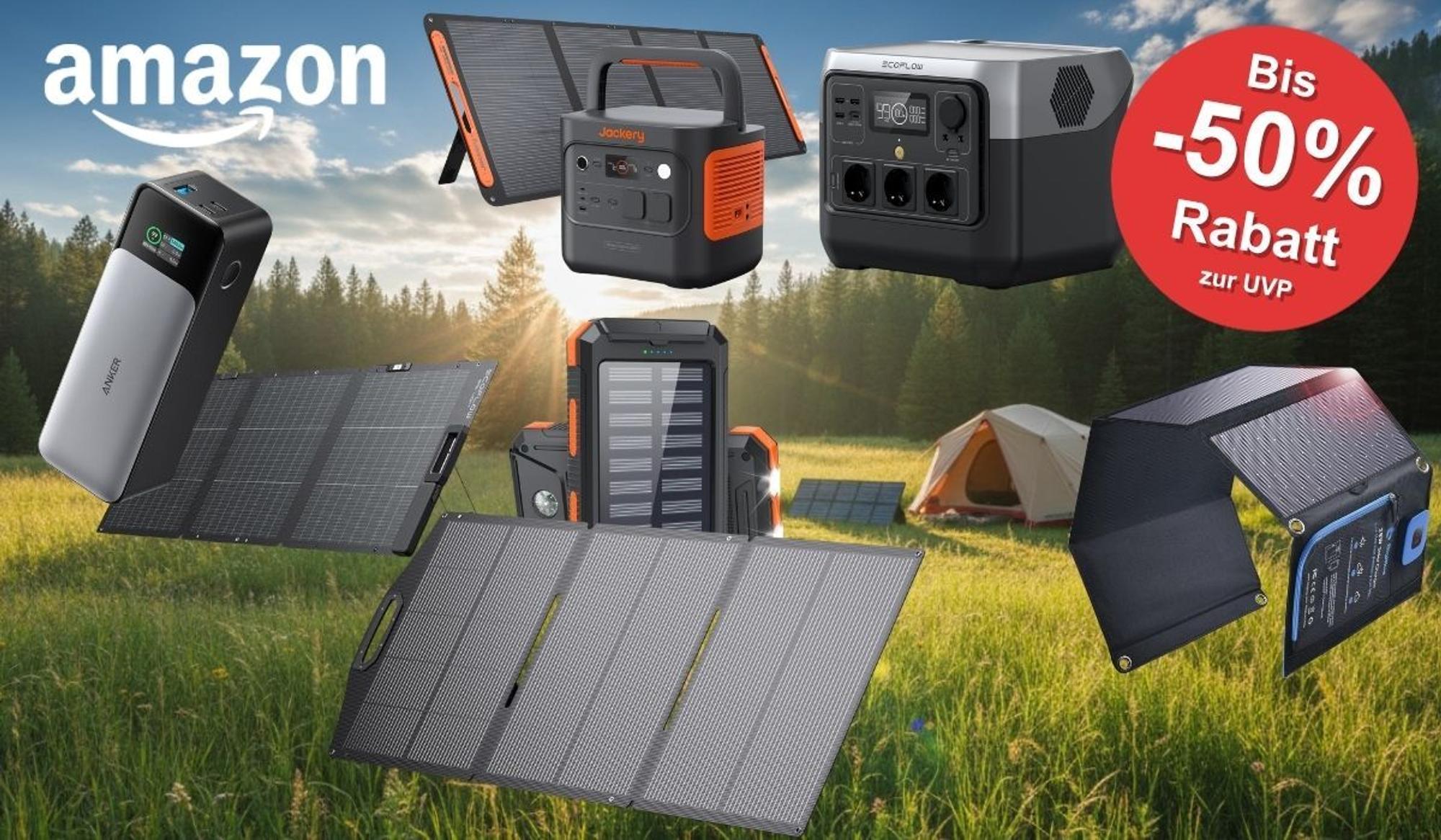 Collage verschiedener Camping-Stromversorgungsgeräte vor sommerlicher Waldlichtung mit Zelt: Powerstation von Jackery (orange-schwarz) mit Solarpanel, EcoFlow-Powerstation mit mehreren Steckdosen, schwarze Anker-Powerbank, große faltbare Solarpanele sowie eine Solar-Powerbank mit integriertem Panel. Roter Sale-Button mit der Aufschrift „Bis -50 % Rabatt zur UVP", Amazon-Logo oben links.