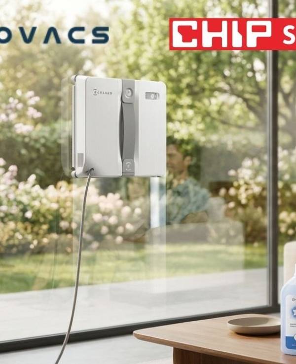 Der weiß-graue Ecovacs Winbot Mini Fensterputzroboter haftet an einer großen Wohnzimmer-Glasfront mit Blick auf einen sonnigen Garten mit Blüten. Im Vordergrund steht eine Flasche Ecovacs Reinigungsmittel auf einem Couchtisch. Im Hintergrund sitzt ein Pärchen entspannt auf dem Sofa. Links oben das Ecovacs-Logo, daneben das rote CHIP Store-Logo. Rechts oben roter Button mit der Aufschrift „Bestpreis -37 % Rabatt zur UVP".