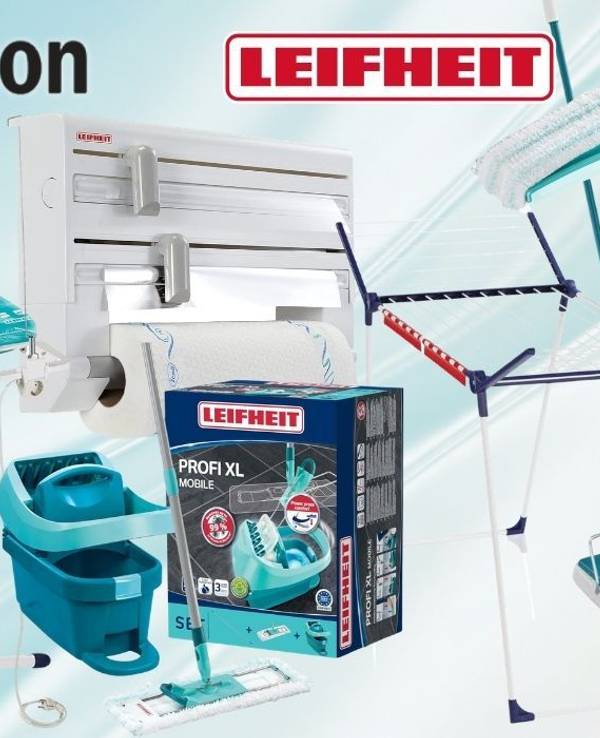 Collage mit mehreren Leifheit-Haushaltsprodukten auf hellblauem Hintergrund, darunter ein Bügelbrett, ein Wandrollenhalter mit Küchenrolle, ein Bodenwischer-Set Profi XL Mobile, ein Wäscheständer, ein Fenstersauger und ein Fenstwischer, dazu die Logos von Amazon und Leifheit sowie ein roter Button mit der Aufschrift „Bis -43% Rabatt zur UVP".