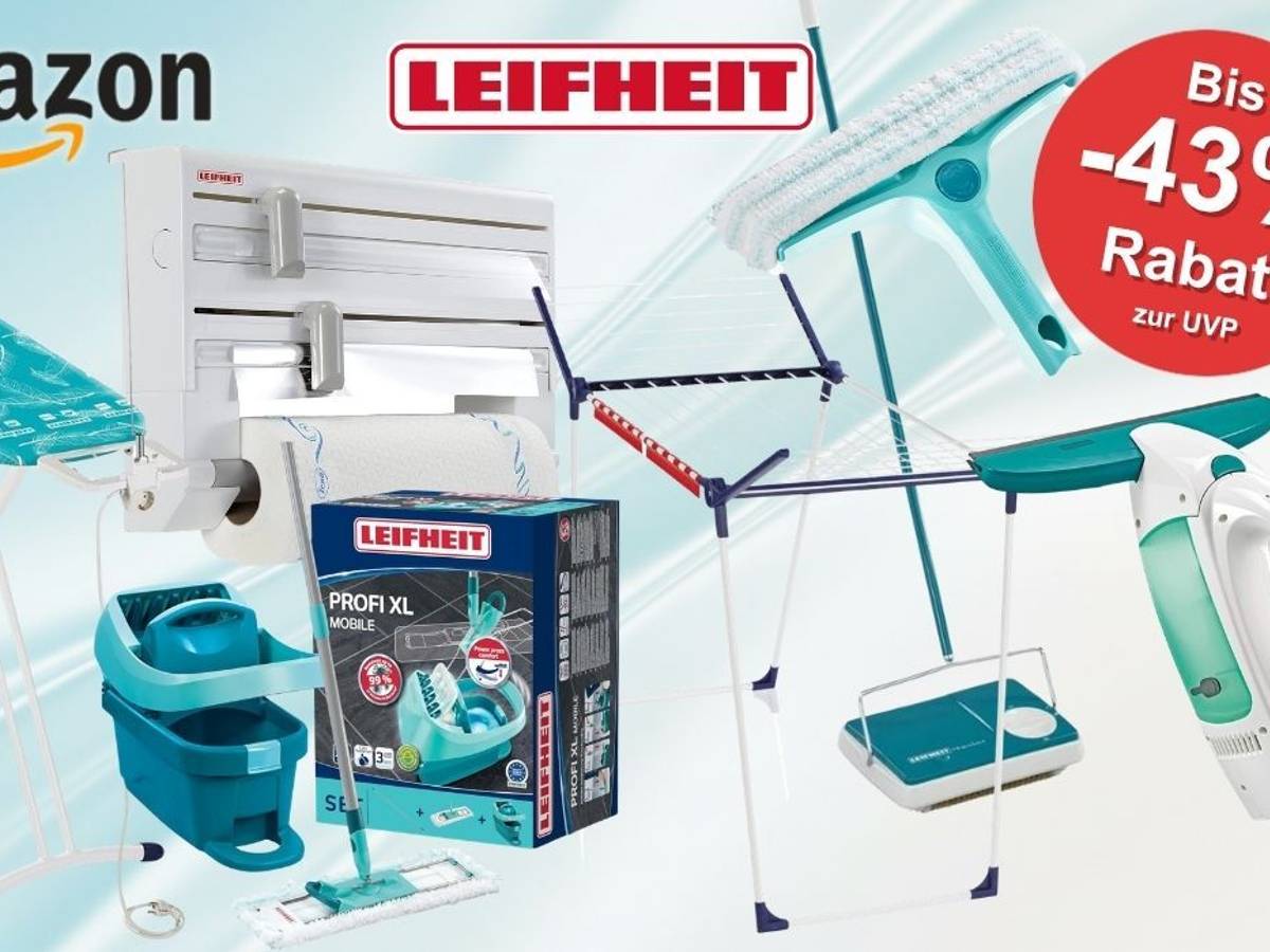 Collage mit mehreren Leifheit-Haushaltsprodukten auf hellblauem Hintergrund, darunter ein Bügelbrett, ein Wandrollenhalter mit Küchenrolle, ein Bodenwischer-Set Profi XL Mobile, ein Wäscheständer, ein Fenstersauger und ein Fenstwischer, dazu die Logos von Amazon und Leifheit sowie ein roter Button mit der Aufschrift „Bis -43% Rabatt zur UVP".