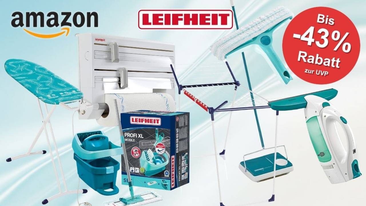 Collage mit mehreren Leifheit-Haushaltsprodukten auf hellblauem Hintergrund, darunter ein Bügelbrett, ein Wandrollenhalter mit Küchenrolle, ein Bodenwischer-Set Profi XL Mobile, ein Wäscheständer, ein Fenstersauger und ein Fenstwischer, dazu die Logos von Amazon und Leifheit sowie ein roter Button mit der Aufschrift „Bis -43% Rabatt zur UVP".