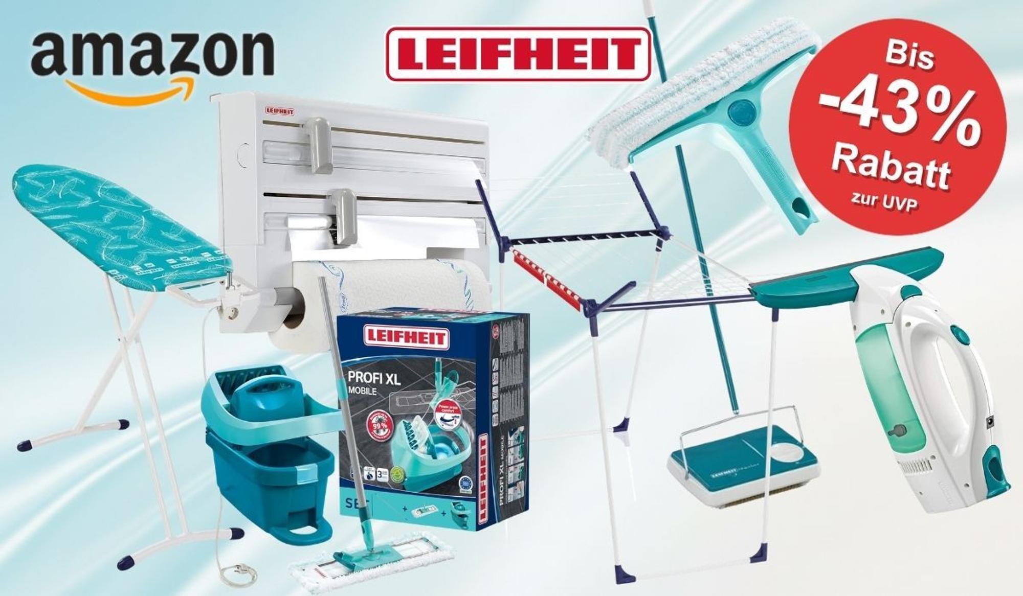 Collage mit mehreren Leifheit-Haushaltsprodukten auf hellblauem Hintergrund, darunter ein Bügelbrett, ein Wandrollenhalter mit Küchenrolle, ein Bodenwischer-Set Profi XL Mobile, ein Wäscheständer, ein Fenstersauger und ein Fenstwischer, dazu die Logos von Amazon und Leifheit sowie ein roter Button mit der Aufschrift „Bis -43% Rabatt zur UVP".