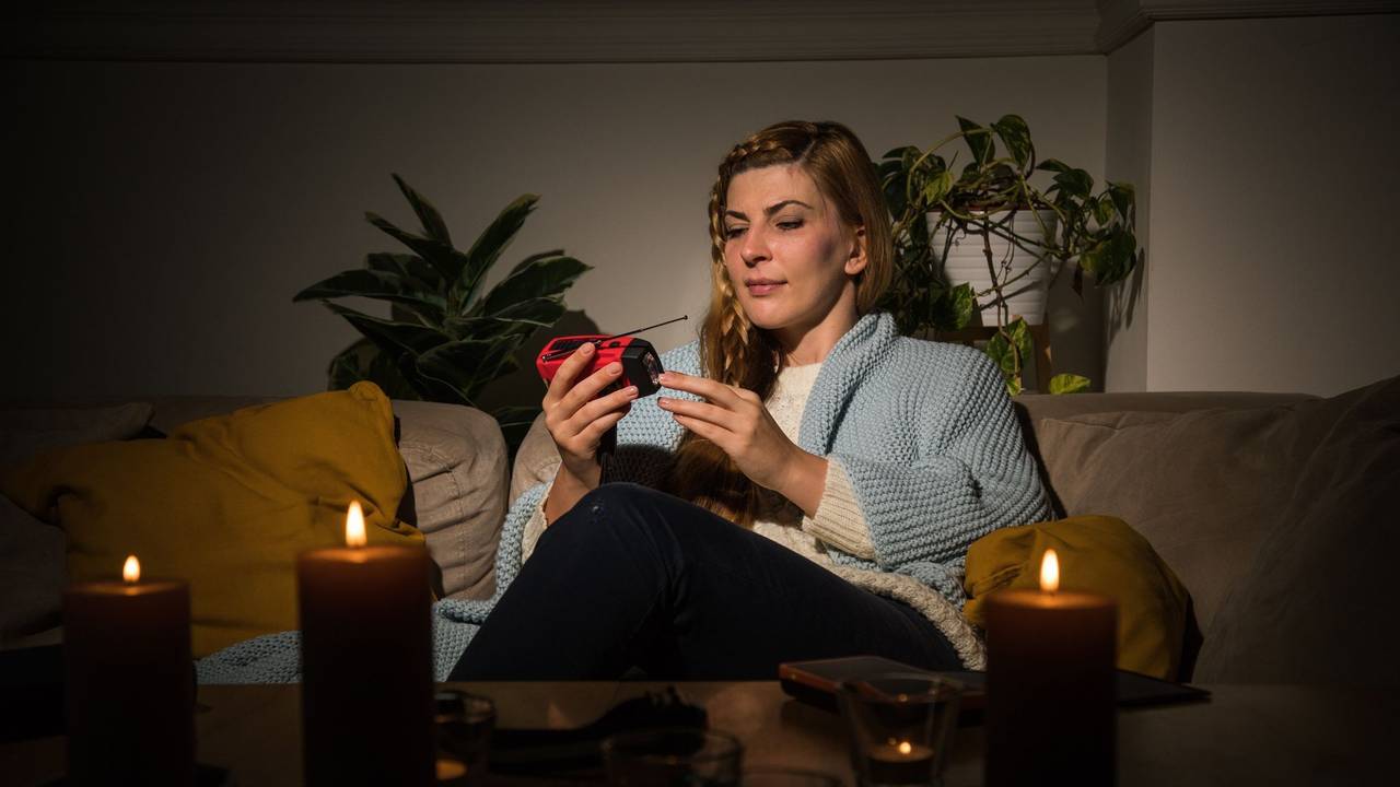 Eine Frau mit Kerzen während eines Stromausfalls auf dem Sofa