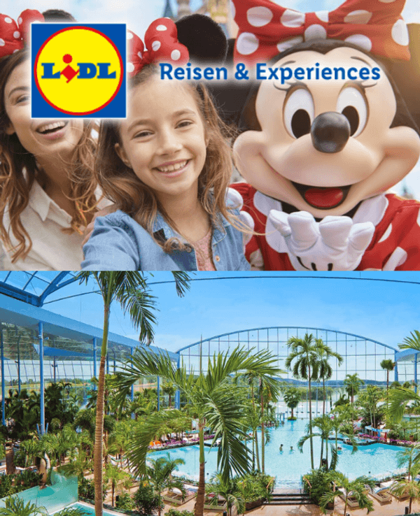 Verschiedene Lidl Experience Angebote wie Disneyland Paris, Therme Euskirchen, Helen Fischer Konzert und Moulin Rouge.