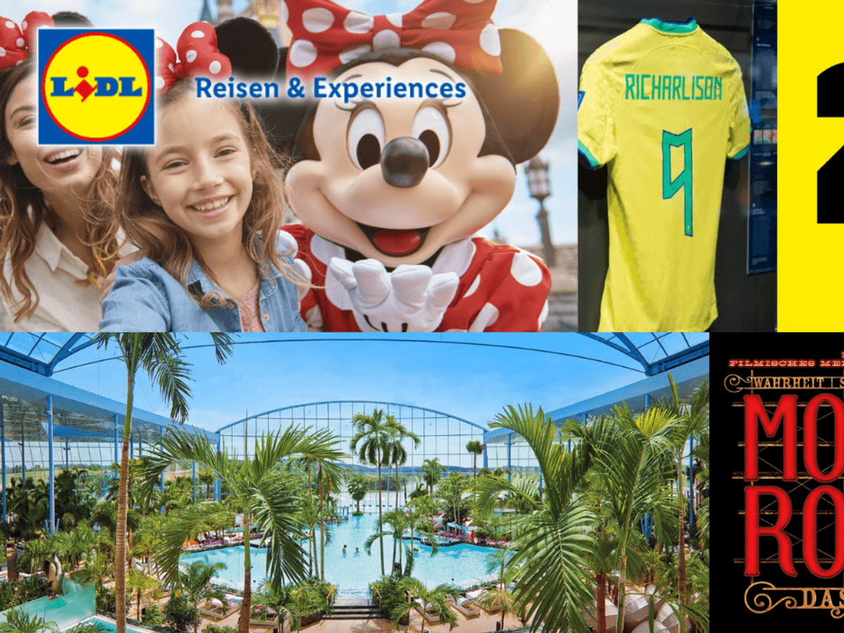 Verschiedene Lidl Experience Angebote wie Disneyland Paris, Therme Euskirchen, Helen Fischer Konzert und Moulin Rouge.