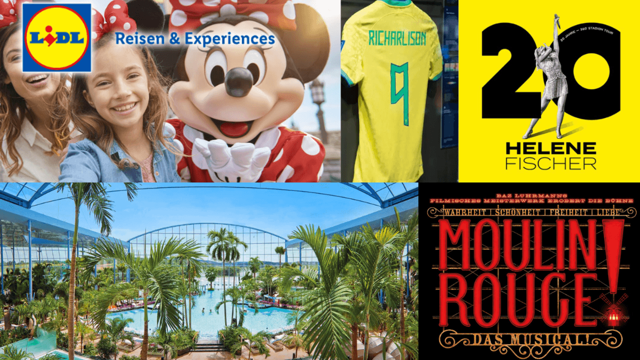 Verschiedene Lidl Experience Angebote wie Disneyland Paris, Therme Euskirchen, Helen Fischer Konzert und Moulin Rouge.