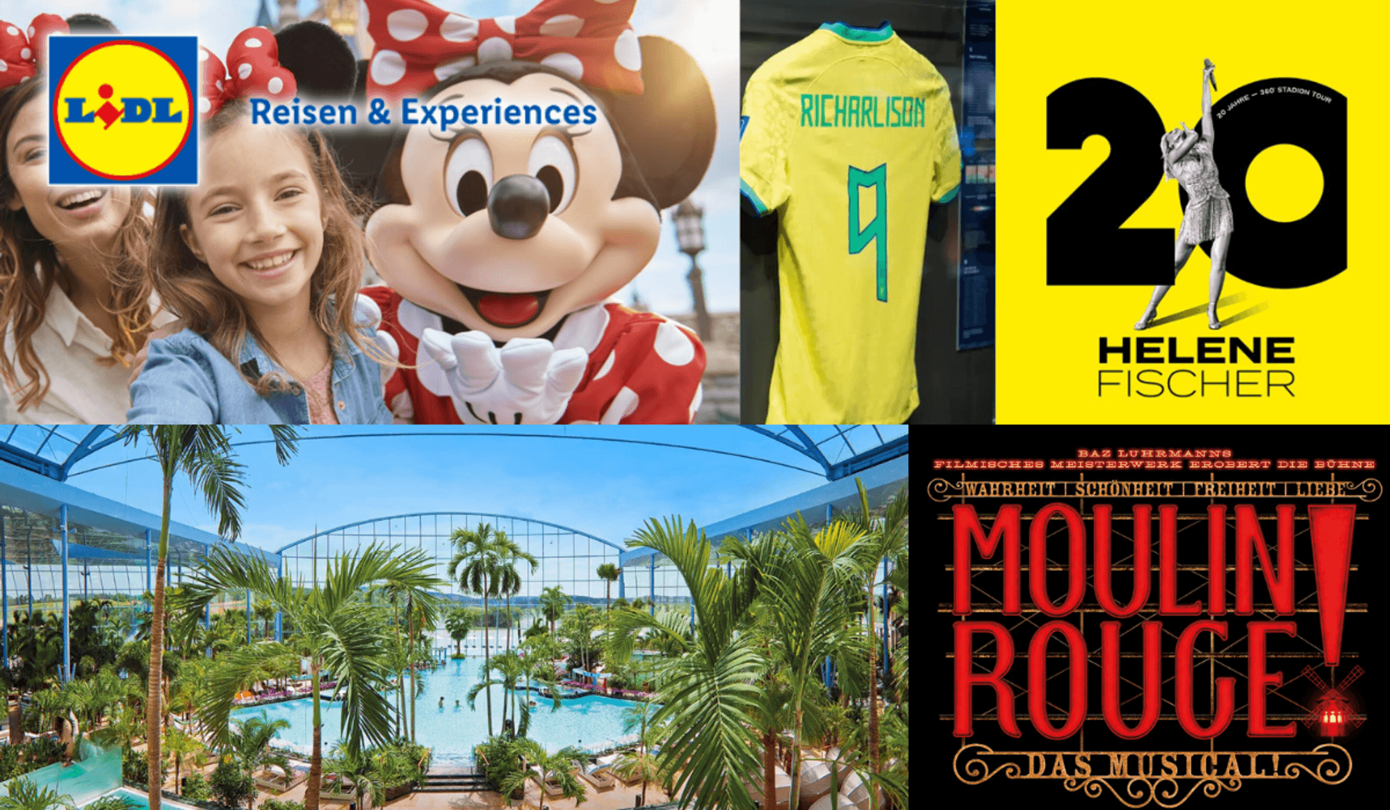 Verschiedene Lidl Experience Angebote wie Disneyland Paris, Therme Euskirchen, Helen Fischer Konzert und Moulin Rouge.