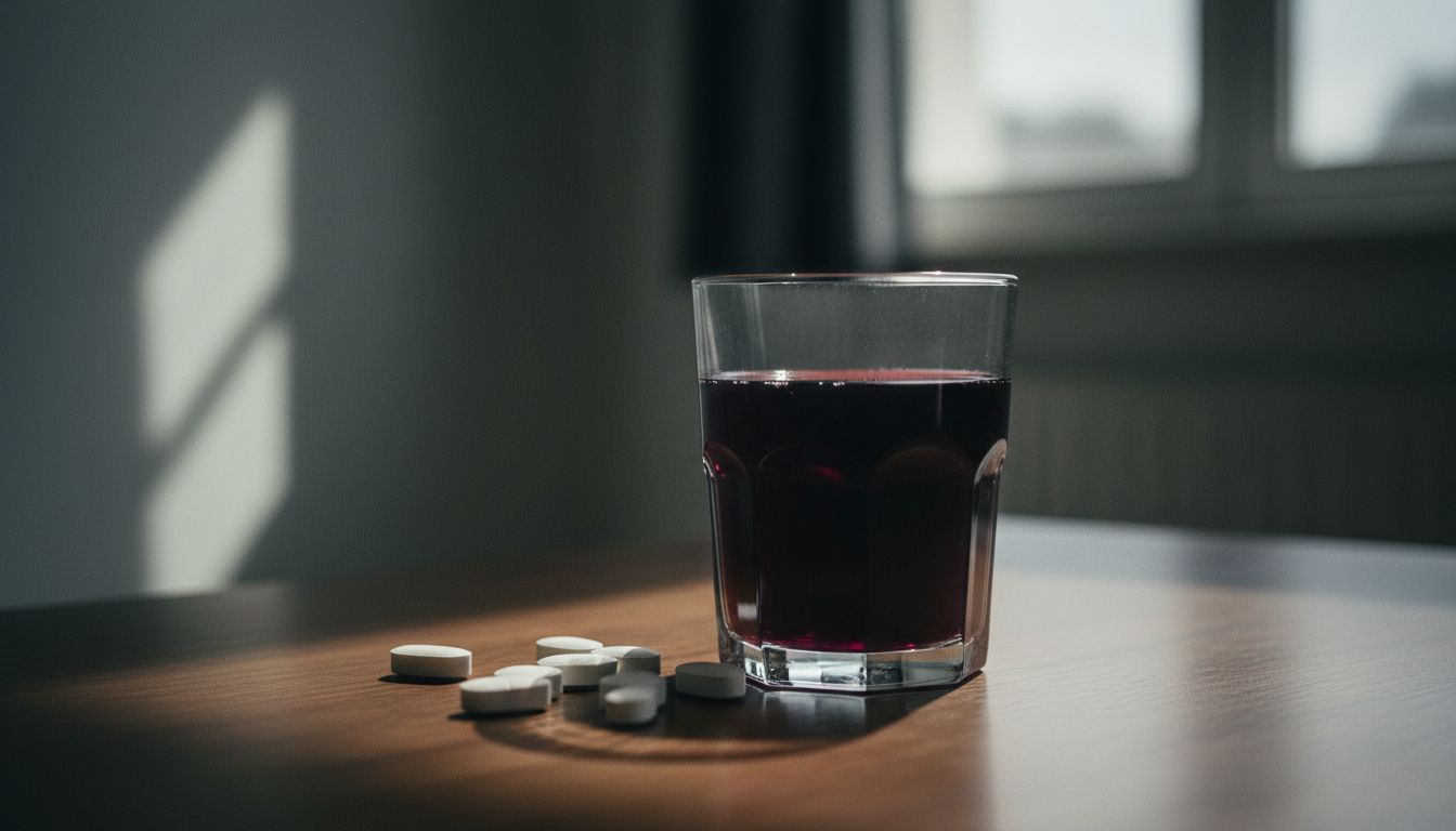 Glas mit Saft und Medikamenten.