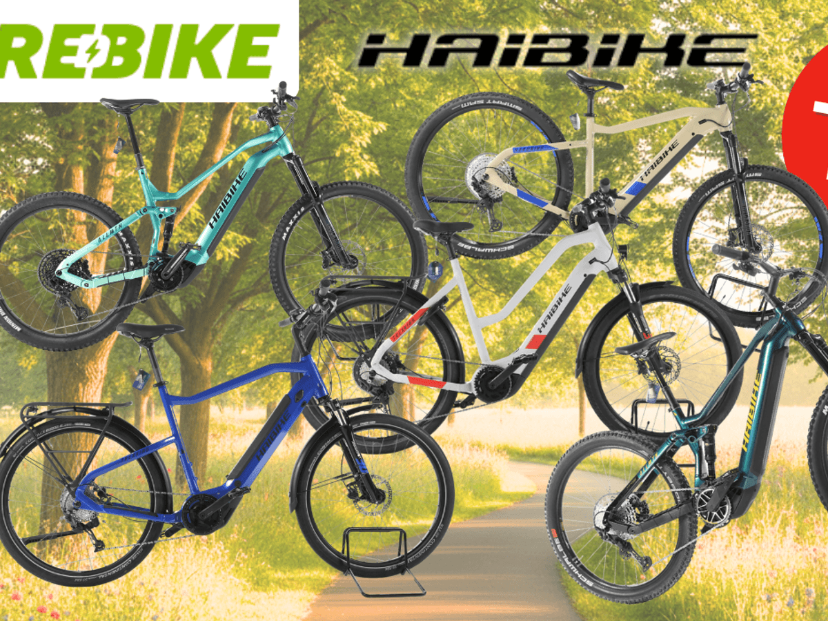 Fünf refurbished Haibike E-Bikes verschiedener Modelle in den Farben Türkis, Blau, Weiß-Rot und Petrol vor einem sonnigen Frühlingsweg mit Bäumen und Wildblumen. Oben links das Rebike-Logo, oben mittig das Haibike-Logo, rechts ein roter Button mit der Aufschrift „Bis -62 % Rabatt zur UVP".