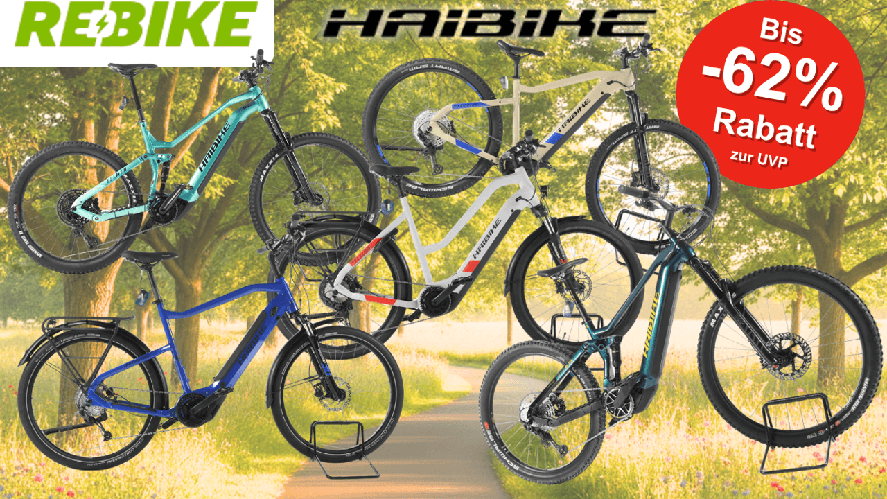 Fünf refurbished Haibike E-Bikes verschiedener Modelle in den Farben Türkis, Blau, Weiß-Rot und Petrol vor einem sonnigen Frühlingsweg mit Bäumen und Wildblumen. Oben links das Rebike-Logo, oben mittig das Haibike-Logo, rechts ein roter Button mit der Aufschrift „Bis -62 % Rabatt zur UVP".