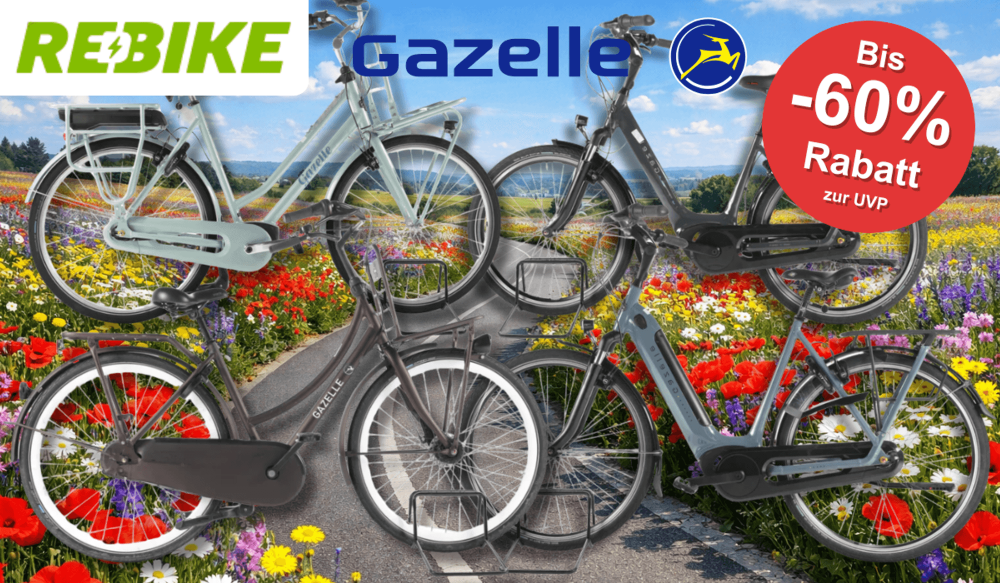 4 verschiedene Gazelle Fahrräder vor einem Fahrradweg.