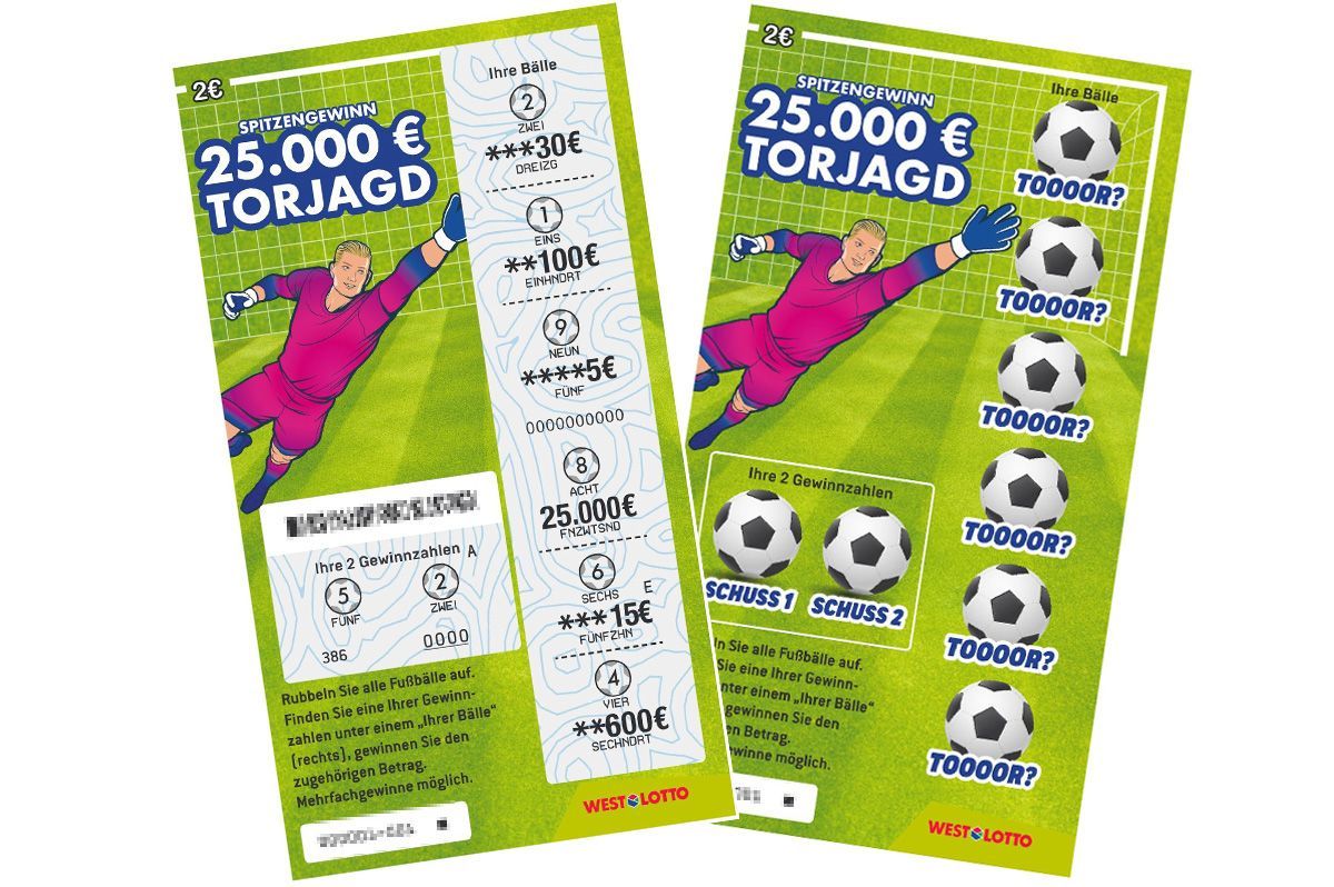 Ein Bild von einem WestLotto-Rubbellos Torjagd, mit dem 30 Euro gewonnen wären.