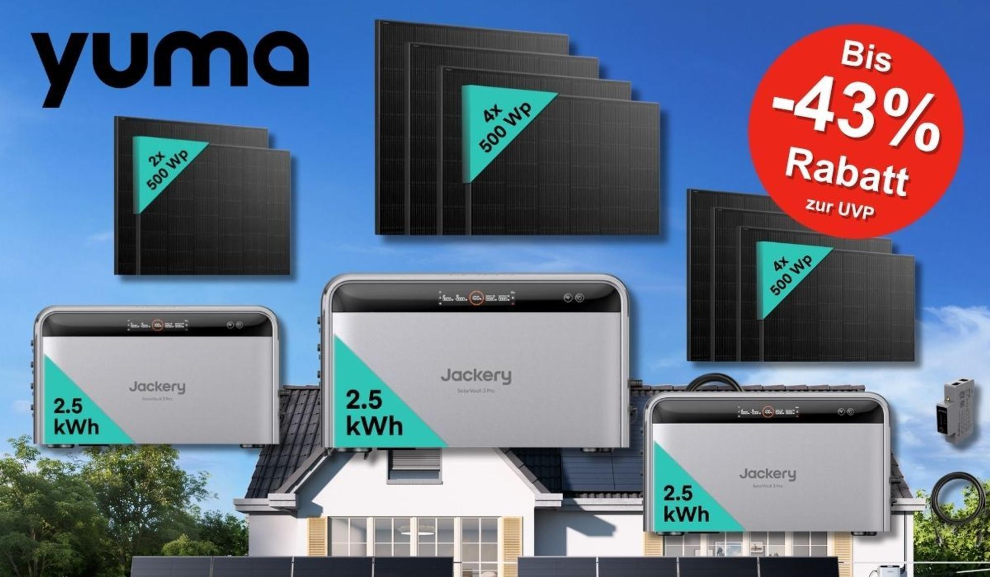 Produktcollage mit drei Jackery SolarVault 3 Pro Heimspeicher-Bundles vor blauem Himmel: je 2,5 kWh Kapazität, kombiniert mit Solarmodul-Sets in den Varianten 2x 500 Wp und 4x 500 Wp. Yuma Logo und ein roter Button oben rechts weist auf bis zu 43 Prozent Rabatt zur UVP hin.