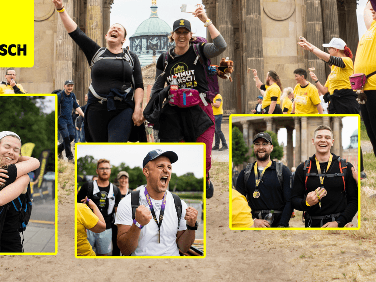 Collage mit emotionalen Momenten vom Mammutmarsch: Zwei Teilnehmerinnen springen jubelnd vor einem historischen Gebäude in die Luft, eine Umarmung zwischen zwei Finisherinnen, ein Mann reckt nach dem Zieleinlauf triumphierend die Fäuste.